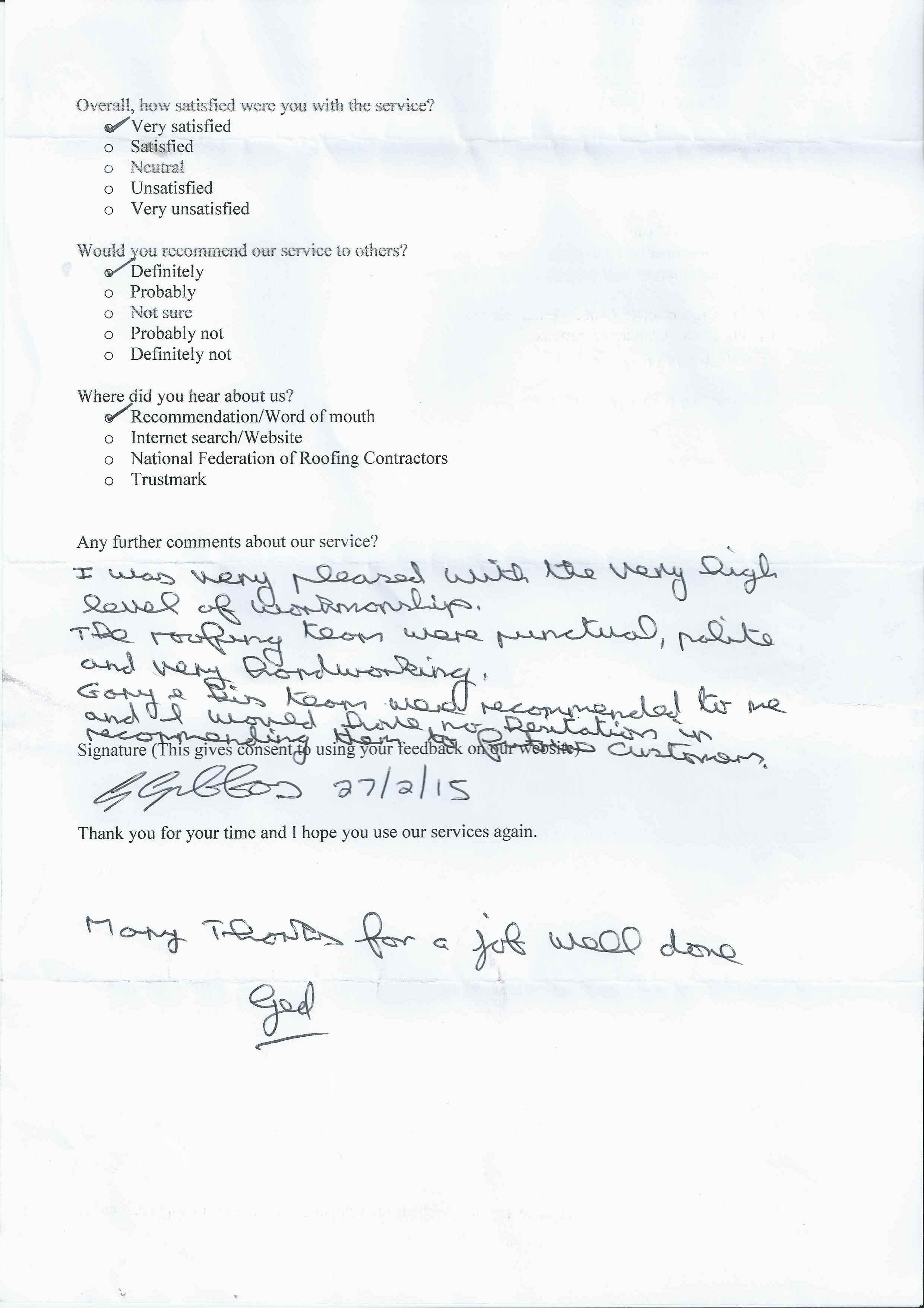 testimonial, Re-Roofing, Lead Work, Chimney Stacks, Plastics, Repairs and Maintenance, Stockport, Cheshire, High Peak, G Timlin Roofing